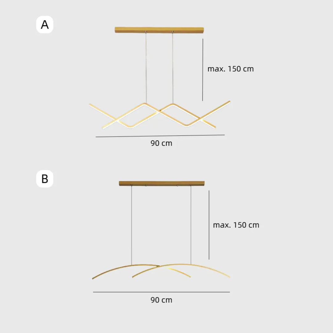 Maße der Formen A und B: 90 cm Länge, Abhängung bis 150 cm
