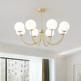 Goldener Kronleuchter mit Kugeln aus Opalglas für Wohnzimmer, Modern