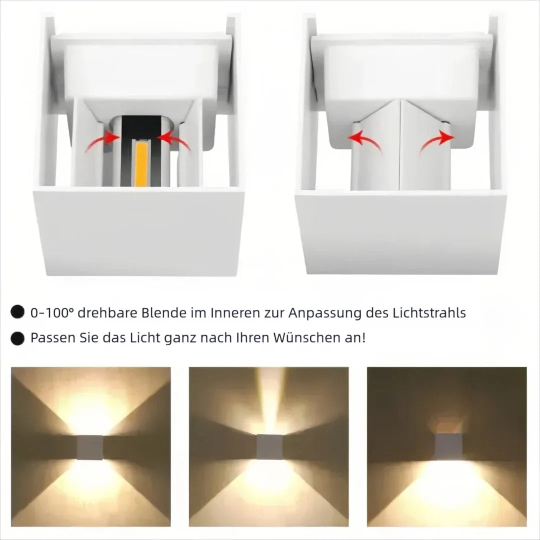 Eckige LED-Außenwandleuchte mit Up-&-Down-Licht und verstellbarem Abstrahlwinkel