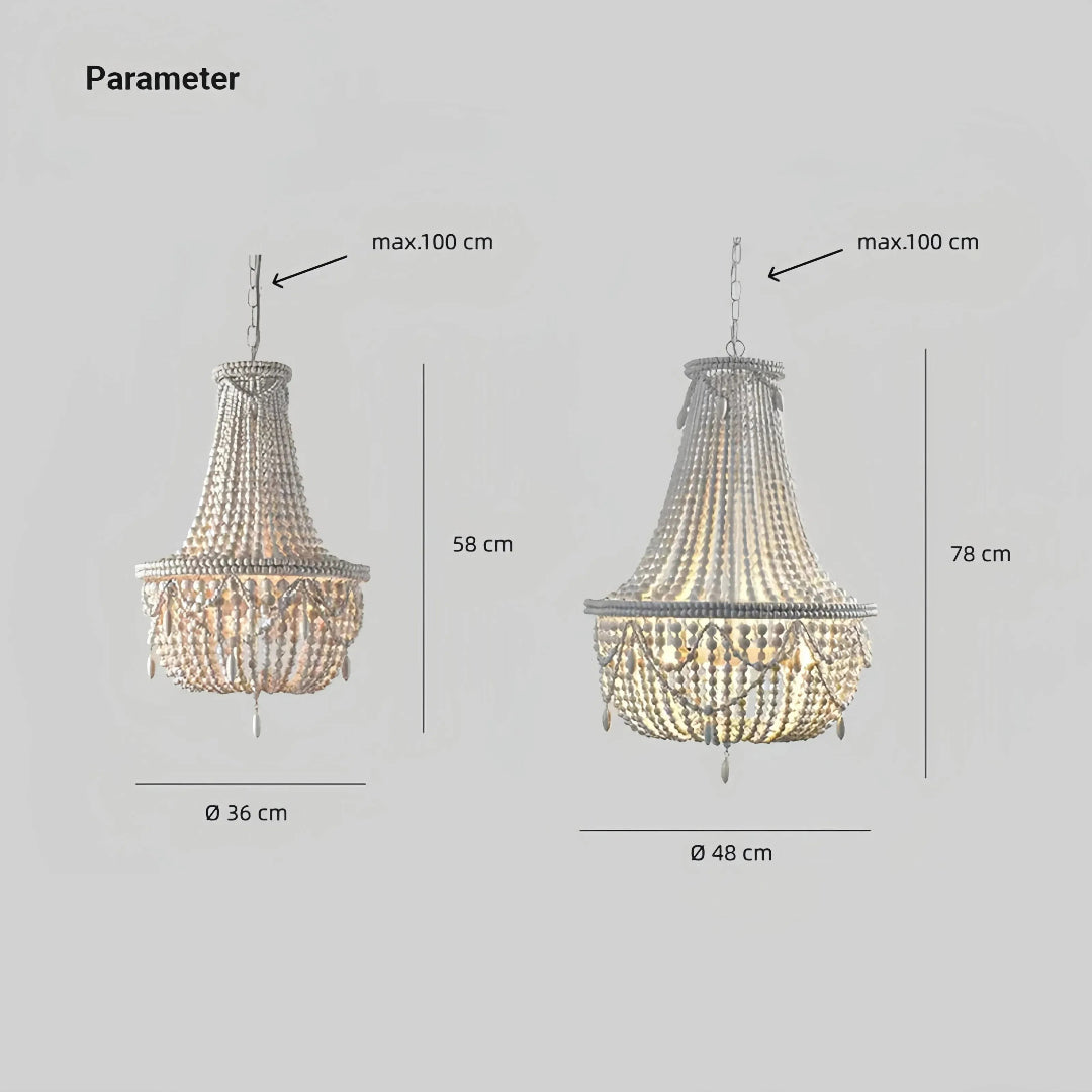 Weiße Boho-Pendelleuchte aus Holzperlen mit 48 cm und 36 cm Durchmesser