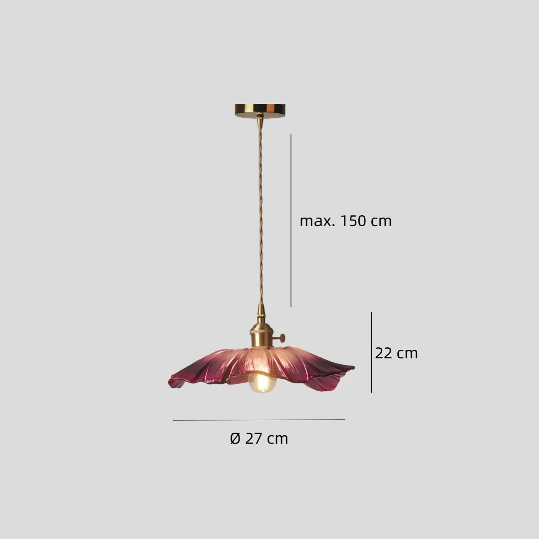 Abmessungen der rosa Glas-Pendelleuchte in Blütenform