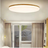 Runde skandinavische LED-Deckenleuchte aus Holz, flach und dimmbar für Schlafzimmer