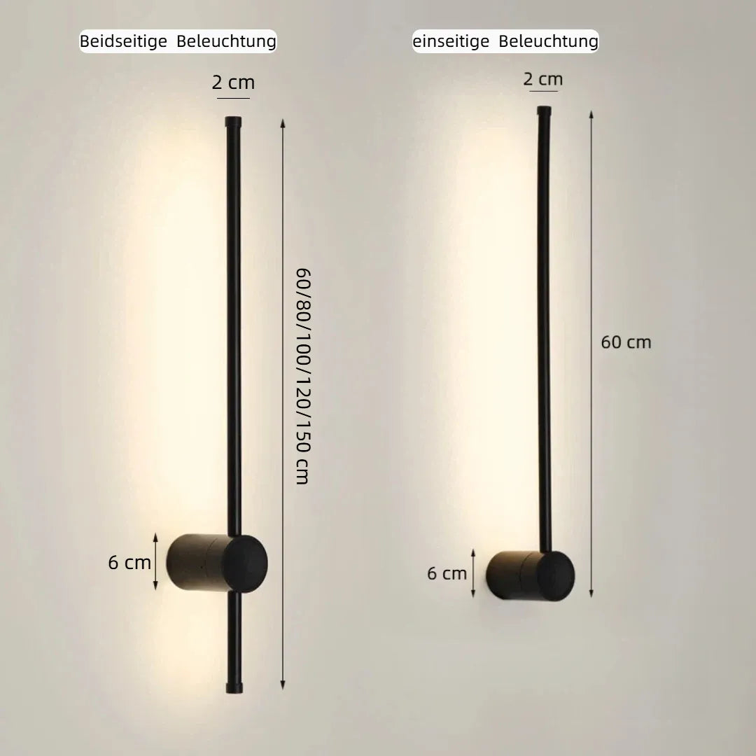 Schwarze lineare LED-Wandleuchte mit eingeschaltetem Licht