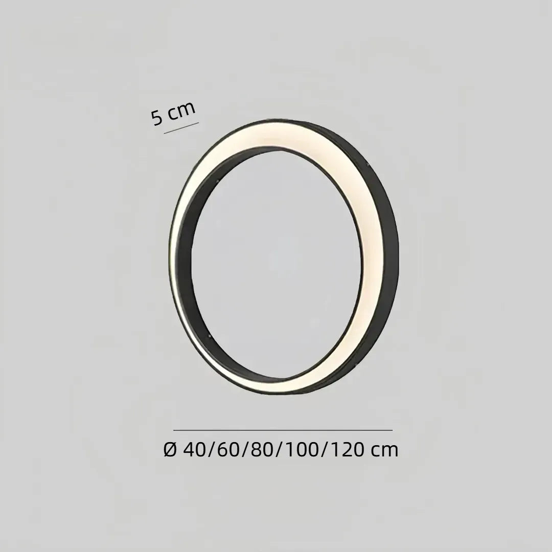 Maßzeichnung der schwarzen LED-Außenwandleuchte im Ringdesign mit Durchmesserangaben