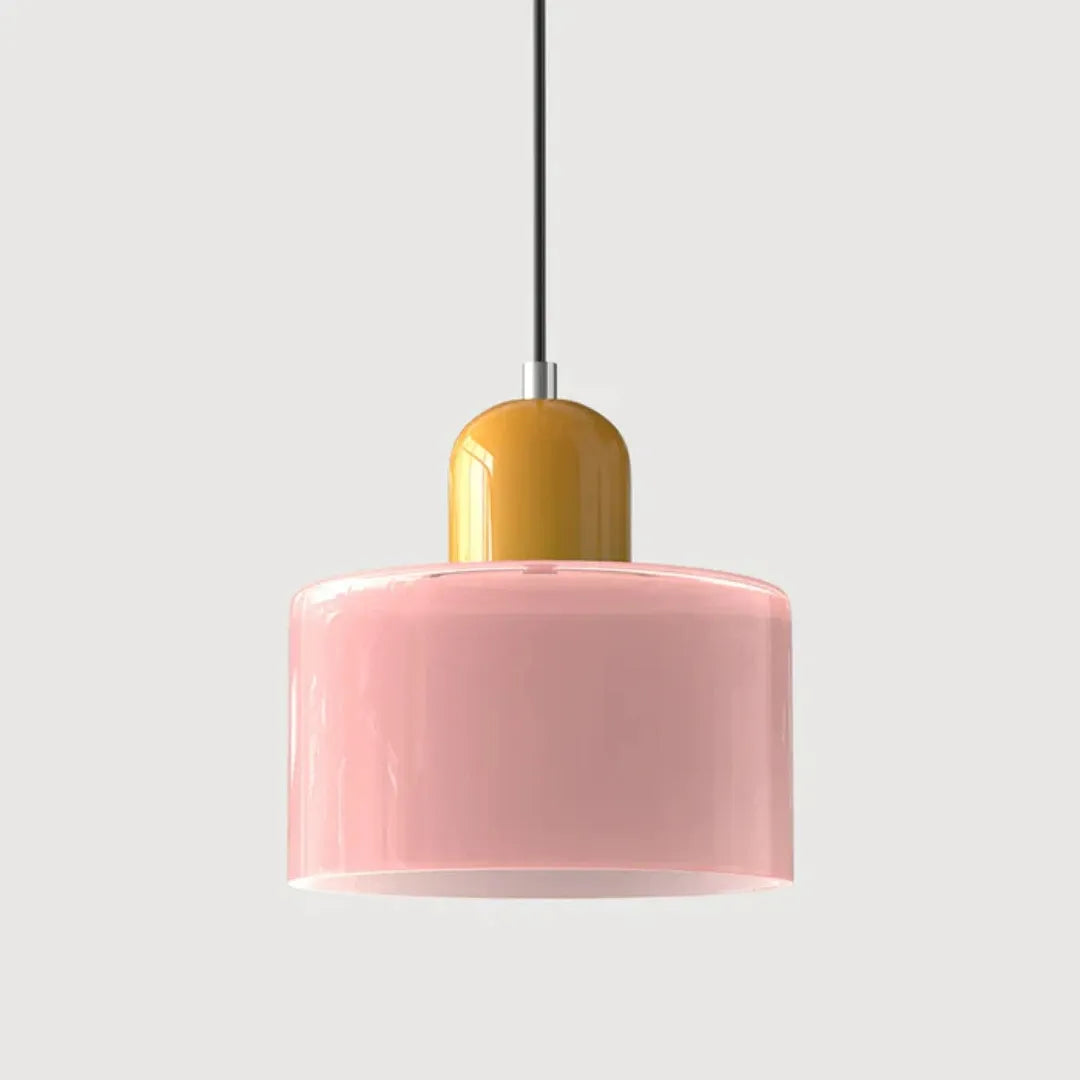 Moderne Esszimmerlampe aus rosa Glas mit sanfter Lichtwirkung