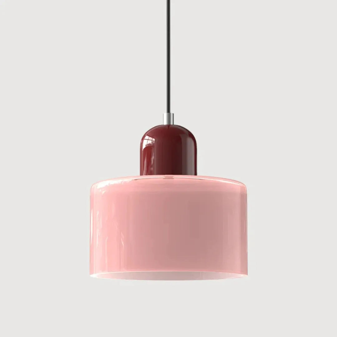 Rosa Glas-Pendelleuchte mit zylindrischem Lampenschirm