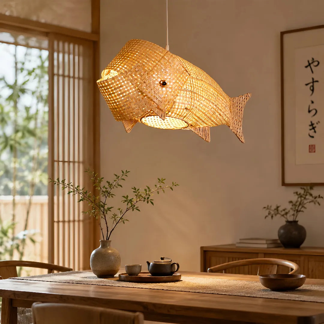 Japandi Rattan-Pendelleuchte im Fisch-Design