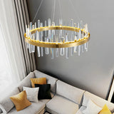 Moderne Ring Pendelleuchte aus Edelstahl mit Kristall in Gold für Esszimmer