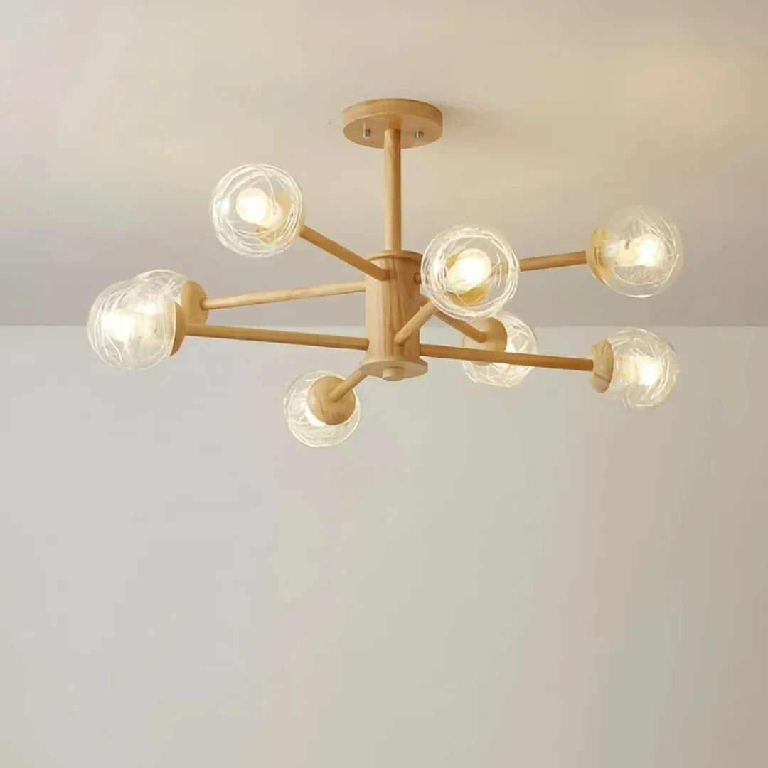 8-flammige skandinavische Pendelleuchte aus Holz und Glas
