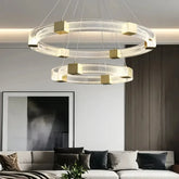 Moderne Ring Pendelleuchte in Goldoptik, dimmbar, ideal für Wohnzimmer