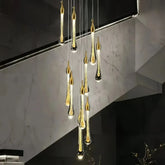 Moderne mehrflammige LED Pendelleuchte Gold mit Kristall für Treppenhaus