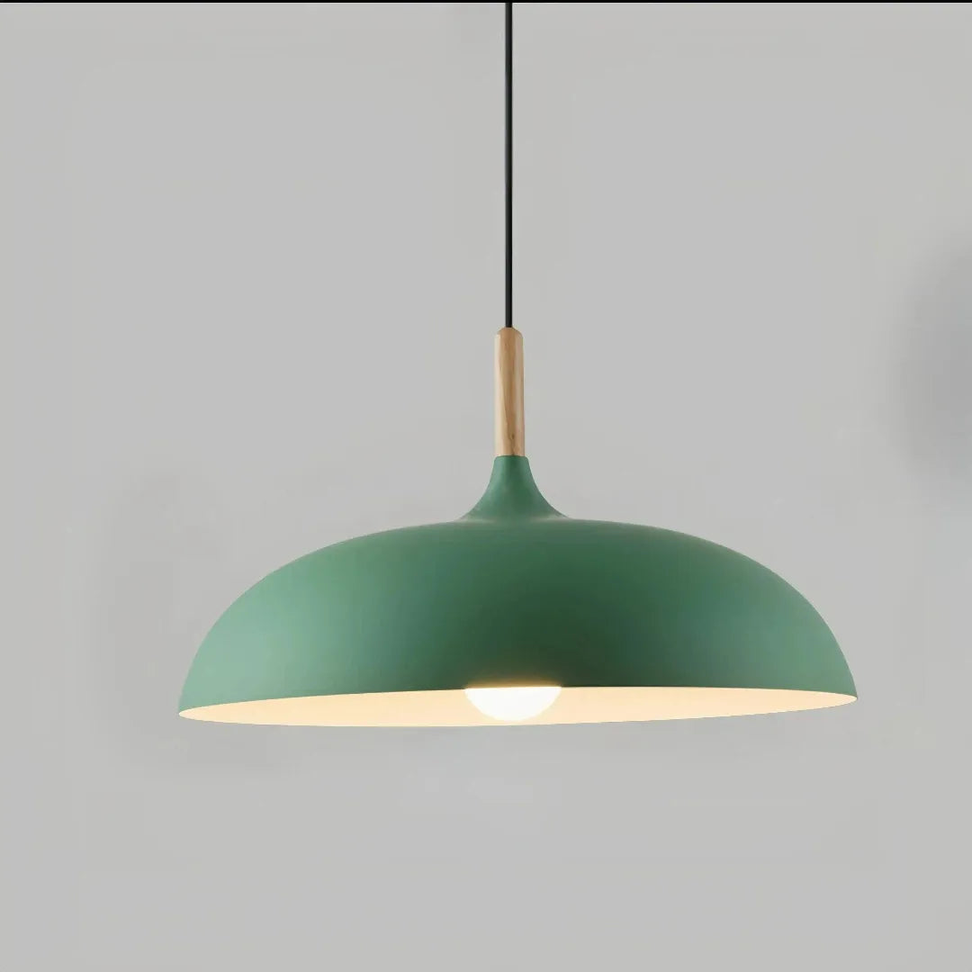 Pendelleuchte mit lackiertem Metallschirm und Holzdetail