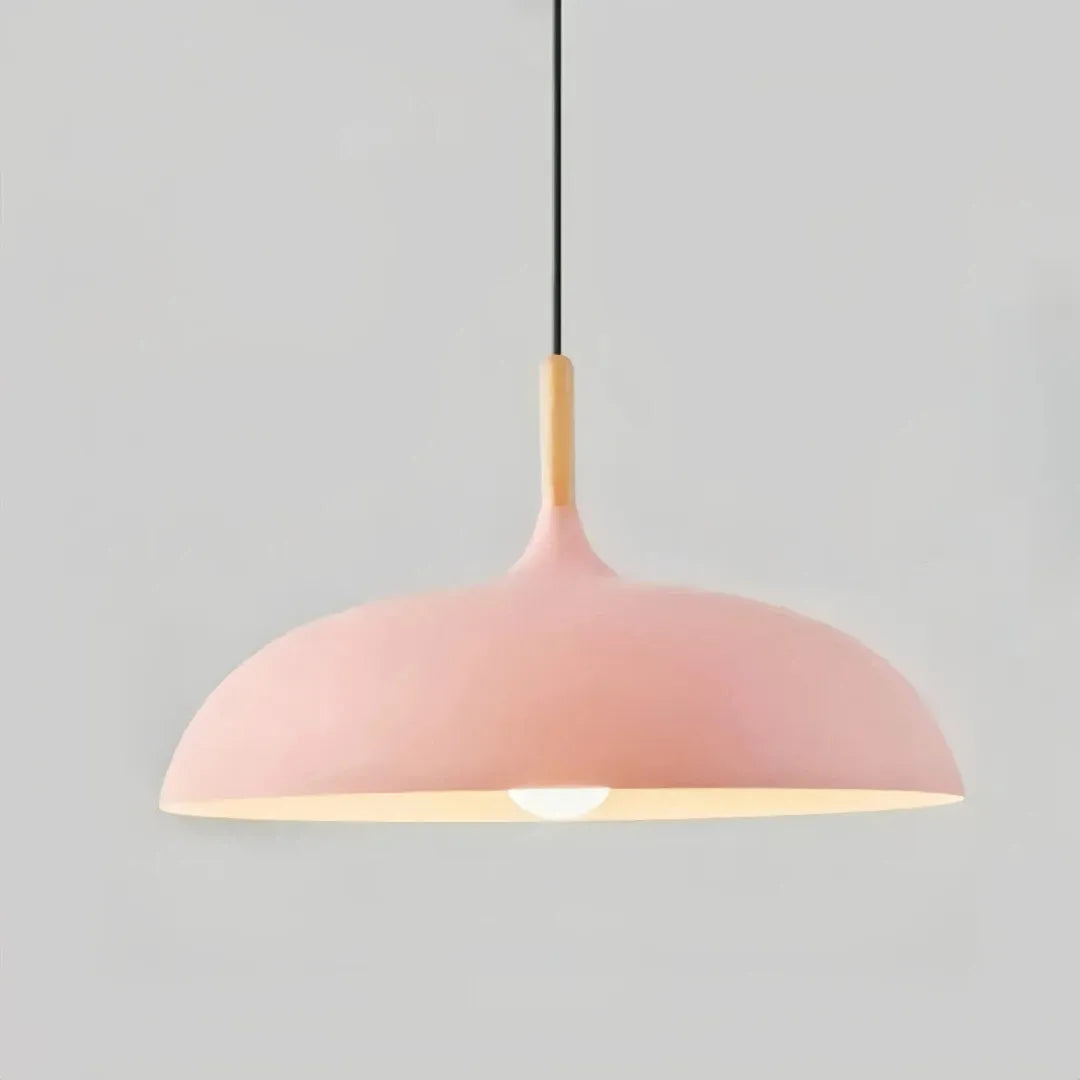 Pendelleuchte mit lackiertem Metallschirm und Holzdetail