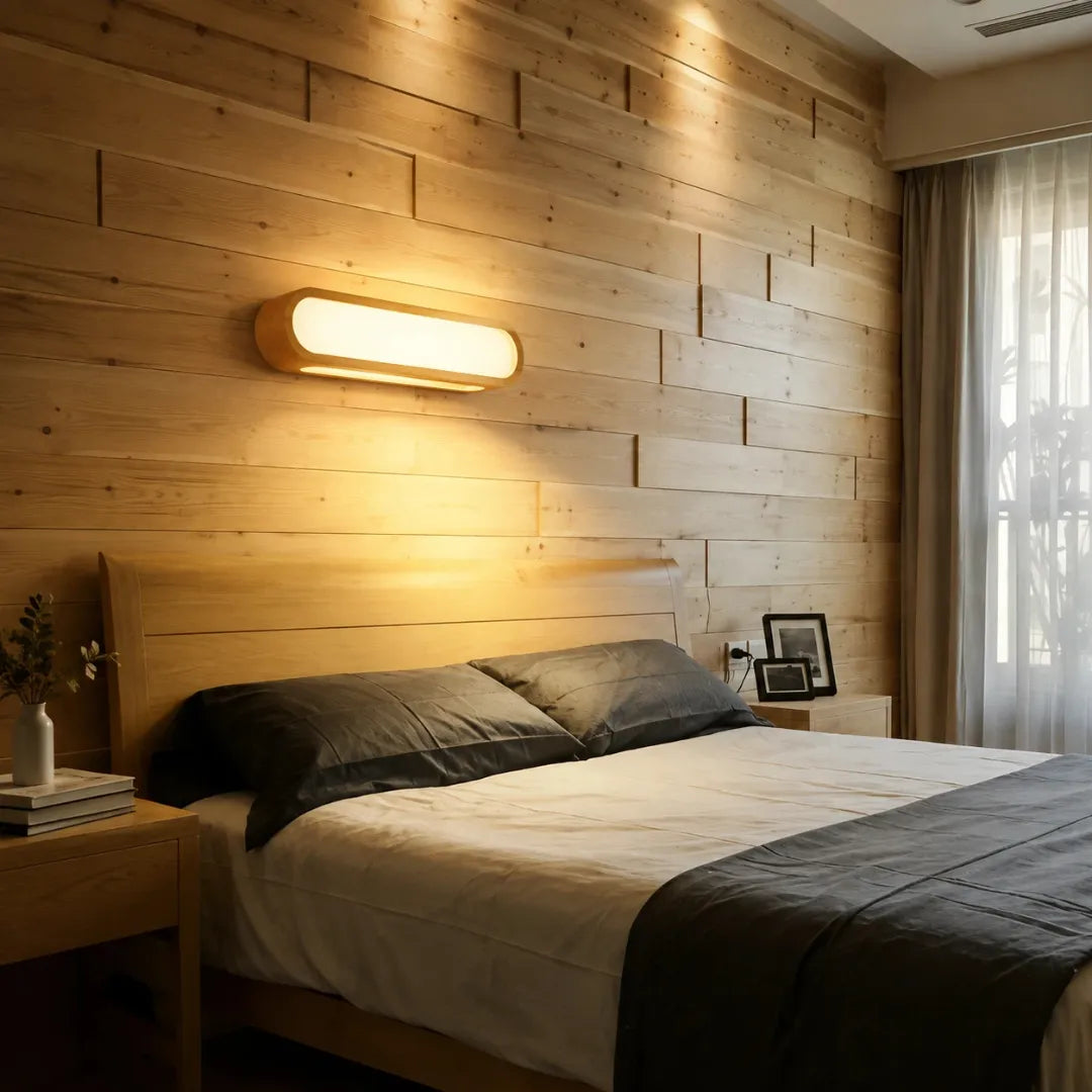 Ovale Holz-Wandleuchte mit integrierter LED für das Schlafzimmer