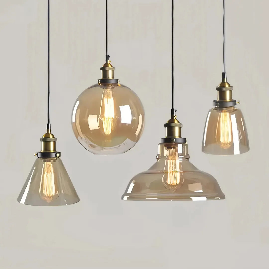Vier Schirmformen der Retro Glas-Pendelleuchte: A, B, C und D