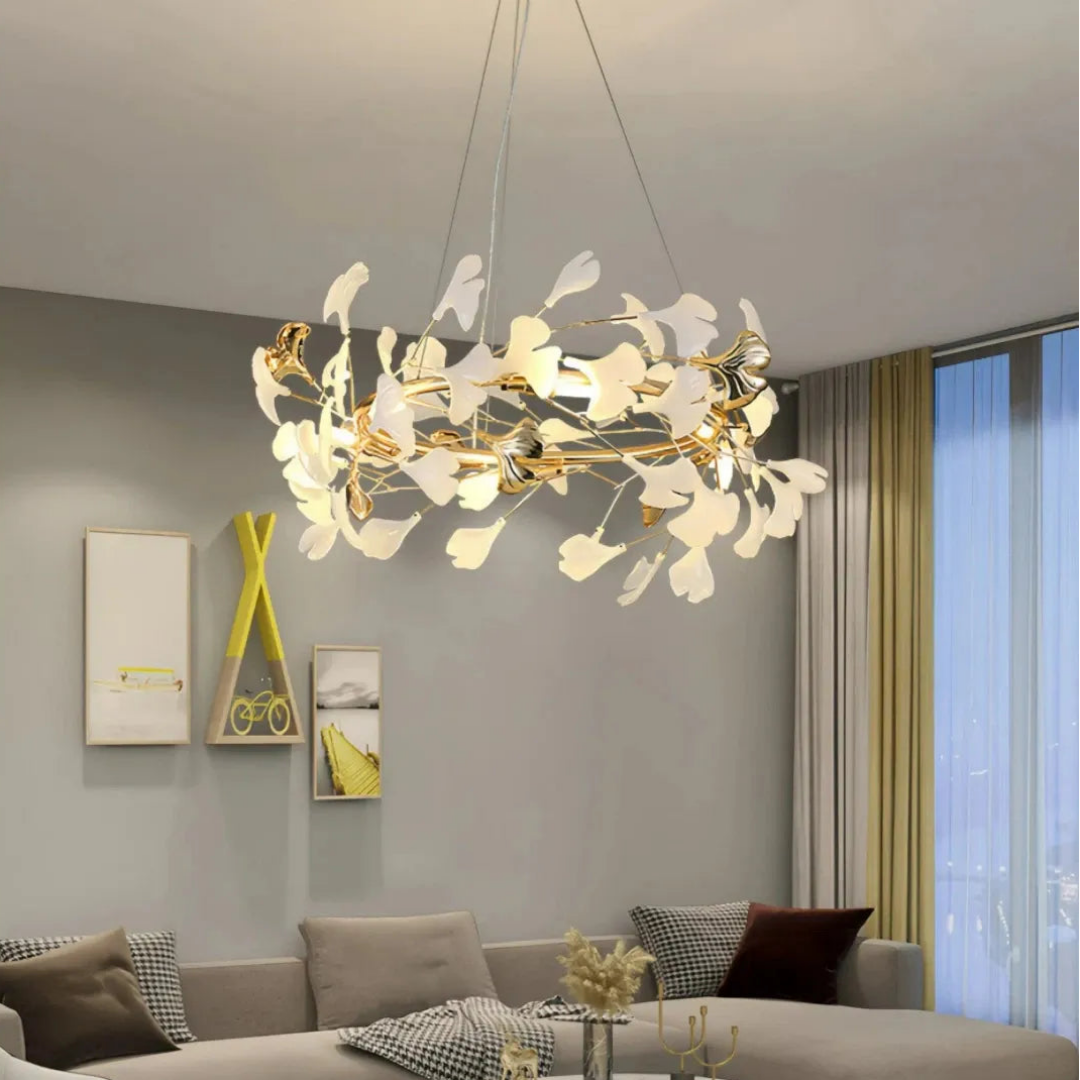 Ginkgo-Pendelleuchte mit weißen und goldfarbenen Keramikblättern, Variante B
