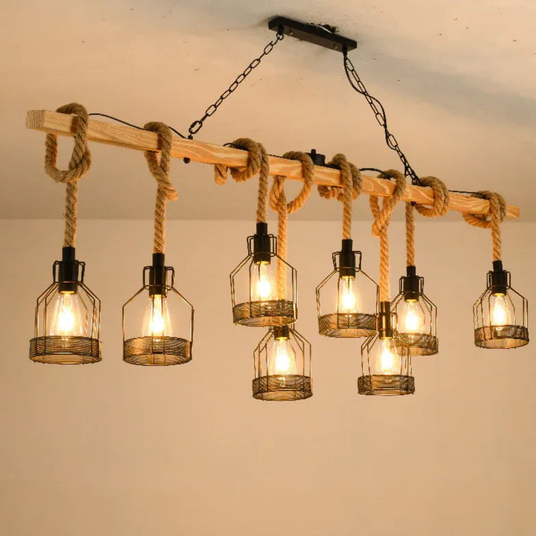 Linear Pendelleuchte 3 flammig Rustikales Seil Holz Vintage - Lampe Markt