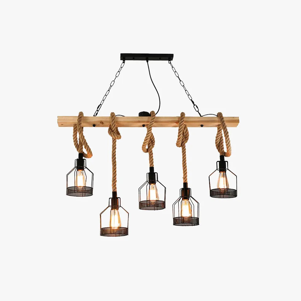 Linear Pendelleuchte 3 flammig Rustikales Seil Holz Vintage - Lampe Markt