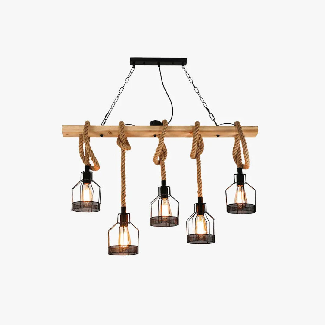 Linear Pendelleuchte 3 flammig Rustikales Seil Holz Vintage - Lampe Markt