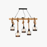 Linear Pendelleuchte 3 flammig Rustikales Seil Holz Vintage - Lampe Markt