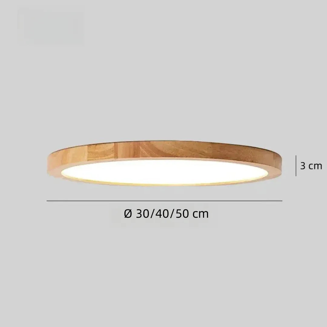 Runde LED-Deckenleuchte mit Holzrahmen und Acrylabdeckung