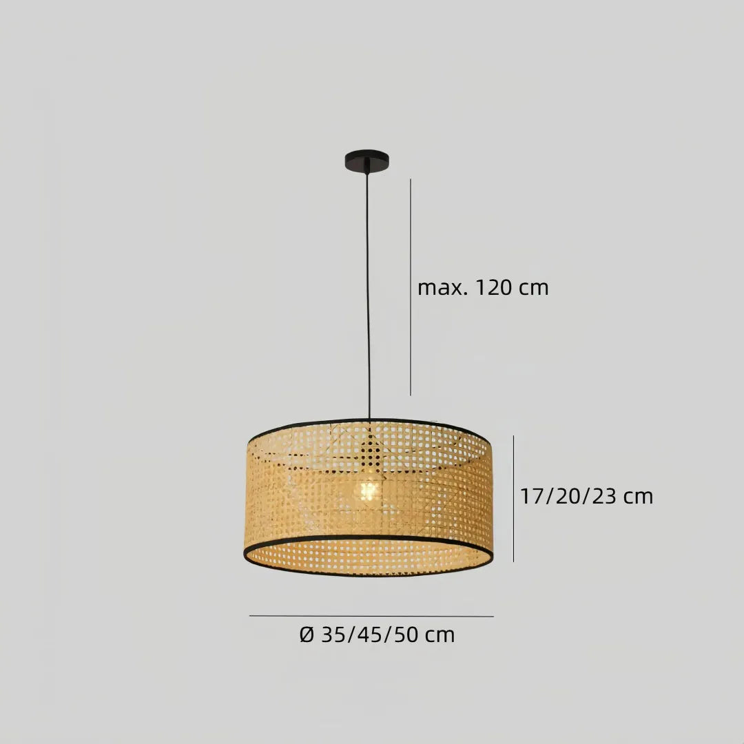 Größenvergleich der Rattan-Hängelampe mit 35, 45 und 50 cm