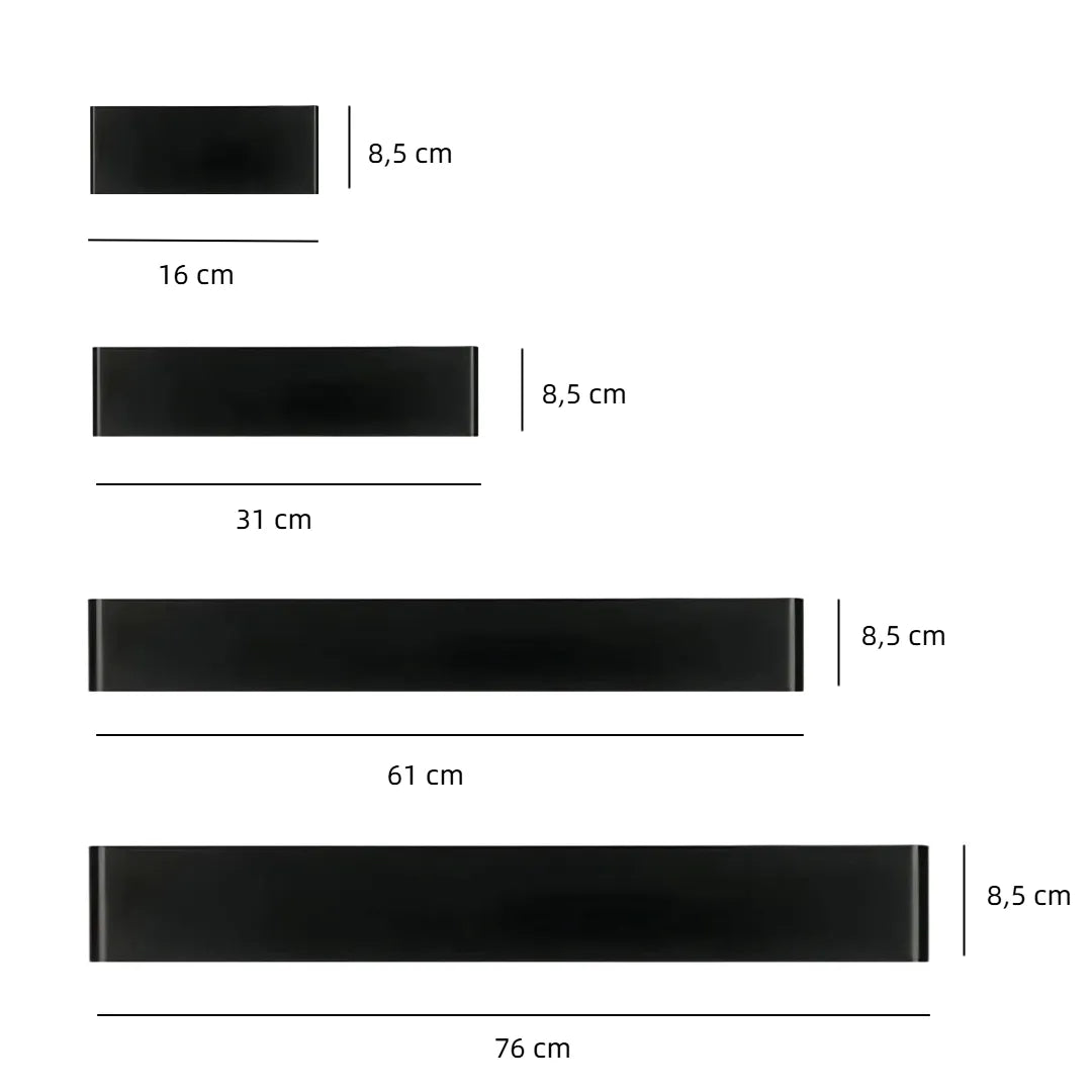 Abmessungen der LED-Wandleuchte in 16, 31, 61 und 76 cm
