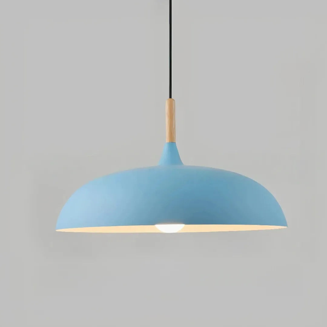 Pendelleuchte mit lackiertem Metallschirm und Holzdetail