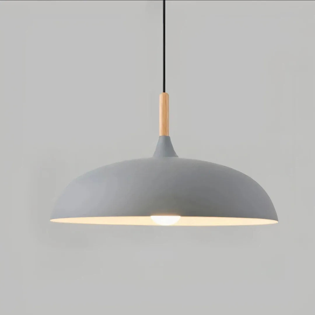 Pendelleuchte mit lackiertem Metallschirm und Holzdetail