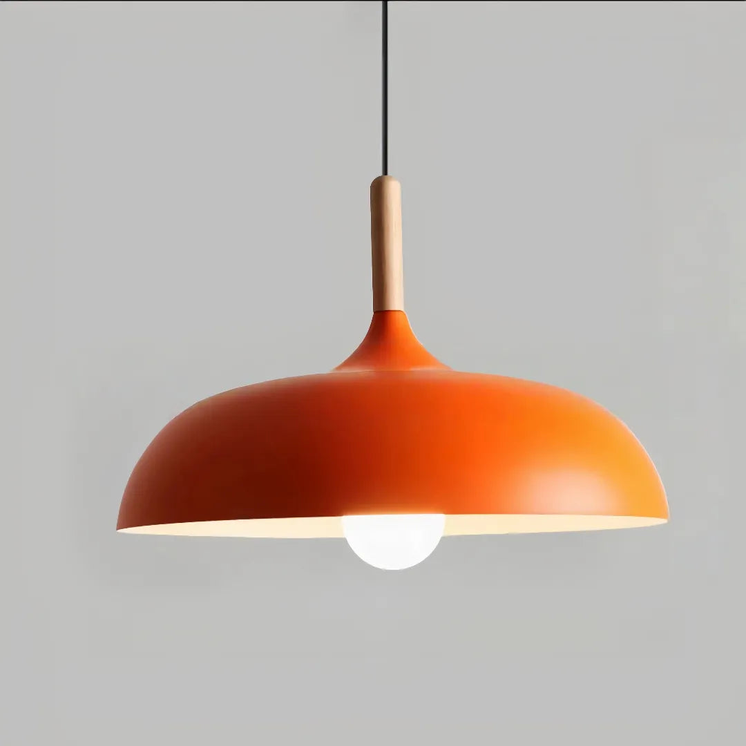 Pendelleuchte mit lackiertem Metallschirm und Holzdetail