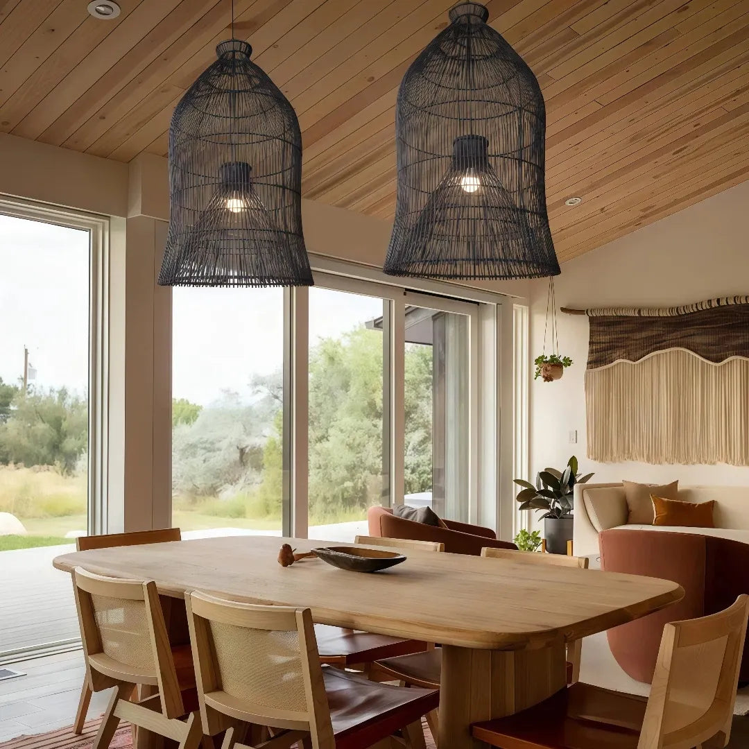 Boho Pendelleuchte aus Rattan im Vogelkäfig-Design für den Esstisch