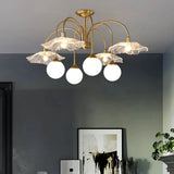 Designer-Kronleuchter Gold im modernen Stil mit Glasschirmen für Wohnzimmer