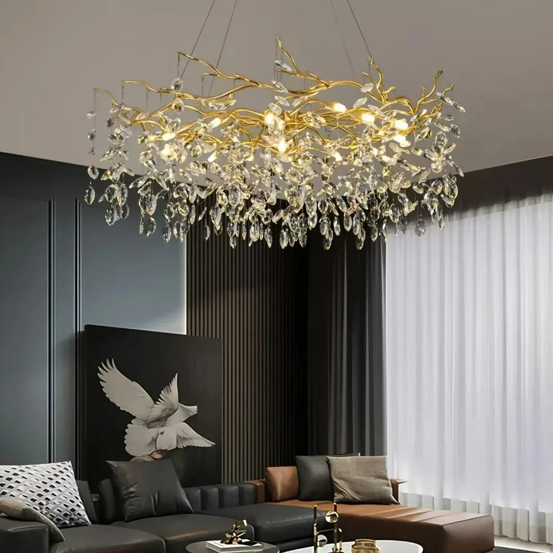 Dimmbarer Kristall Kronleuchter in Gold für Esszimmer