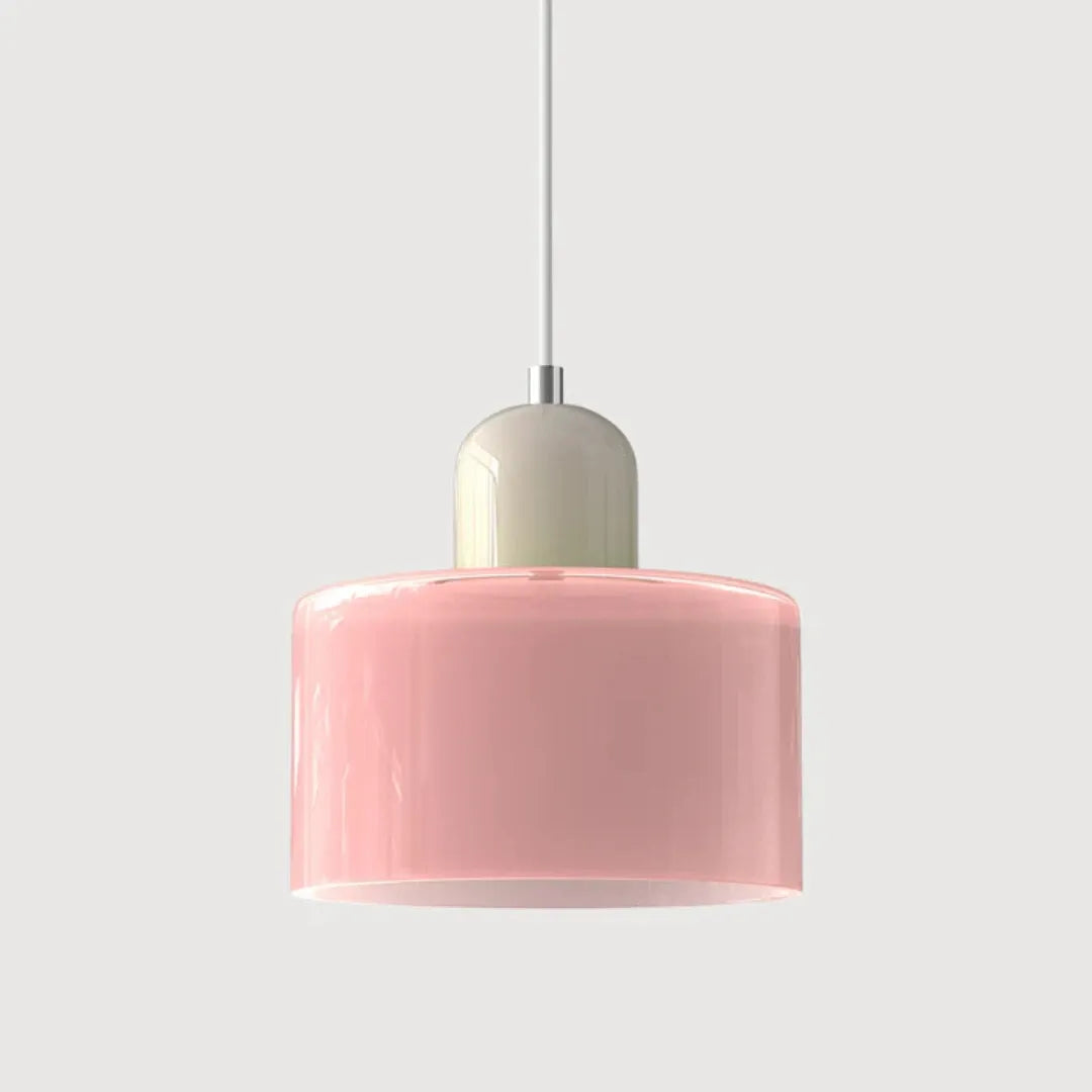 Rosa Glas-Pendelleuchte mit zylindrischem Lampenschirm
