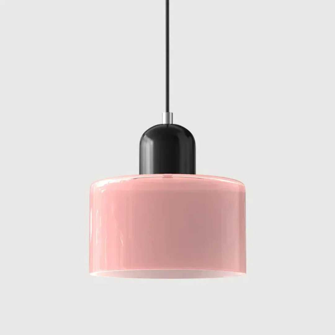 Moderne Esszimmerlampe aus rosa Glas mit sanfter Lichtwirkung