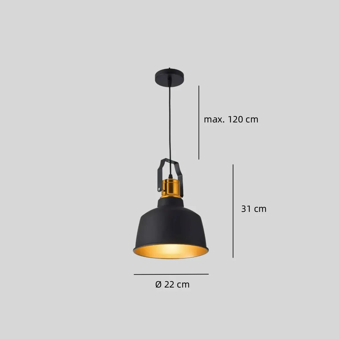 Maßzeichnung der Industrial Pendelleuchte Schwarz-Gold