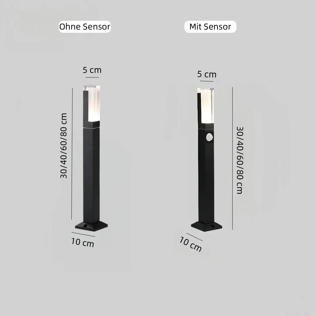  Maßzeichnung der Wegeleuchte: 30, 40, 60 oder 80 cm Höhe, 5 cm Breite und 10 cm Bodenplatte