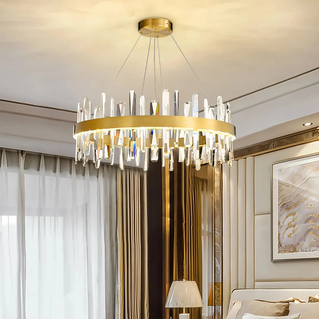 Moderne Ring Pendelleuchte aus Edelstahl mit Kristall in Gold für Esszimmer