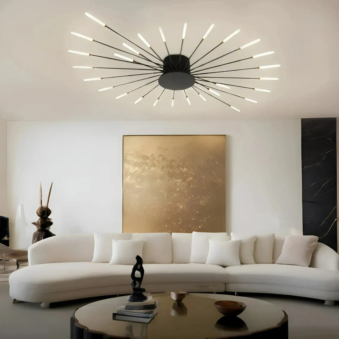 Schwarze Sputnik-Deckenleuchte mit spiralförmiger Lichtstruktur