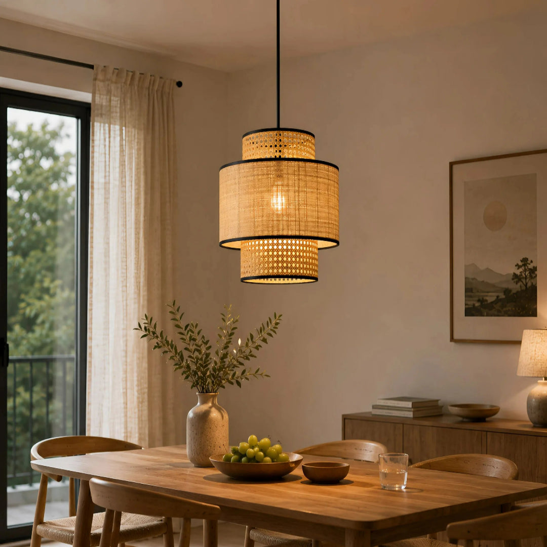 Lichtwirkung der Rattan-Pendelleuchte im Esszimmer