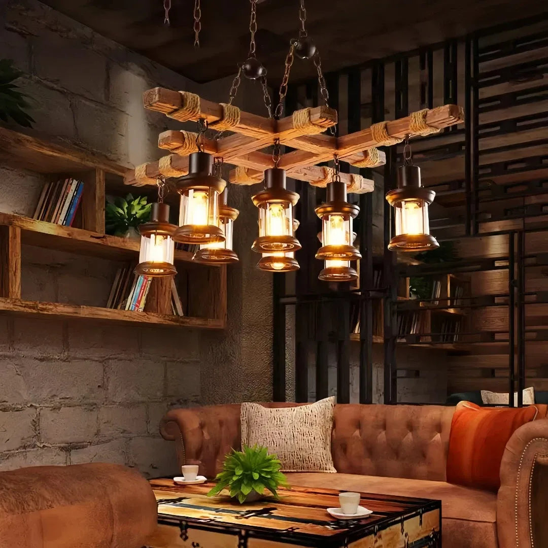Landhaus Kronleuchter Holz und Metall für Esszimmer