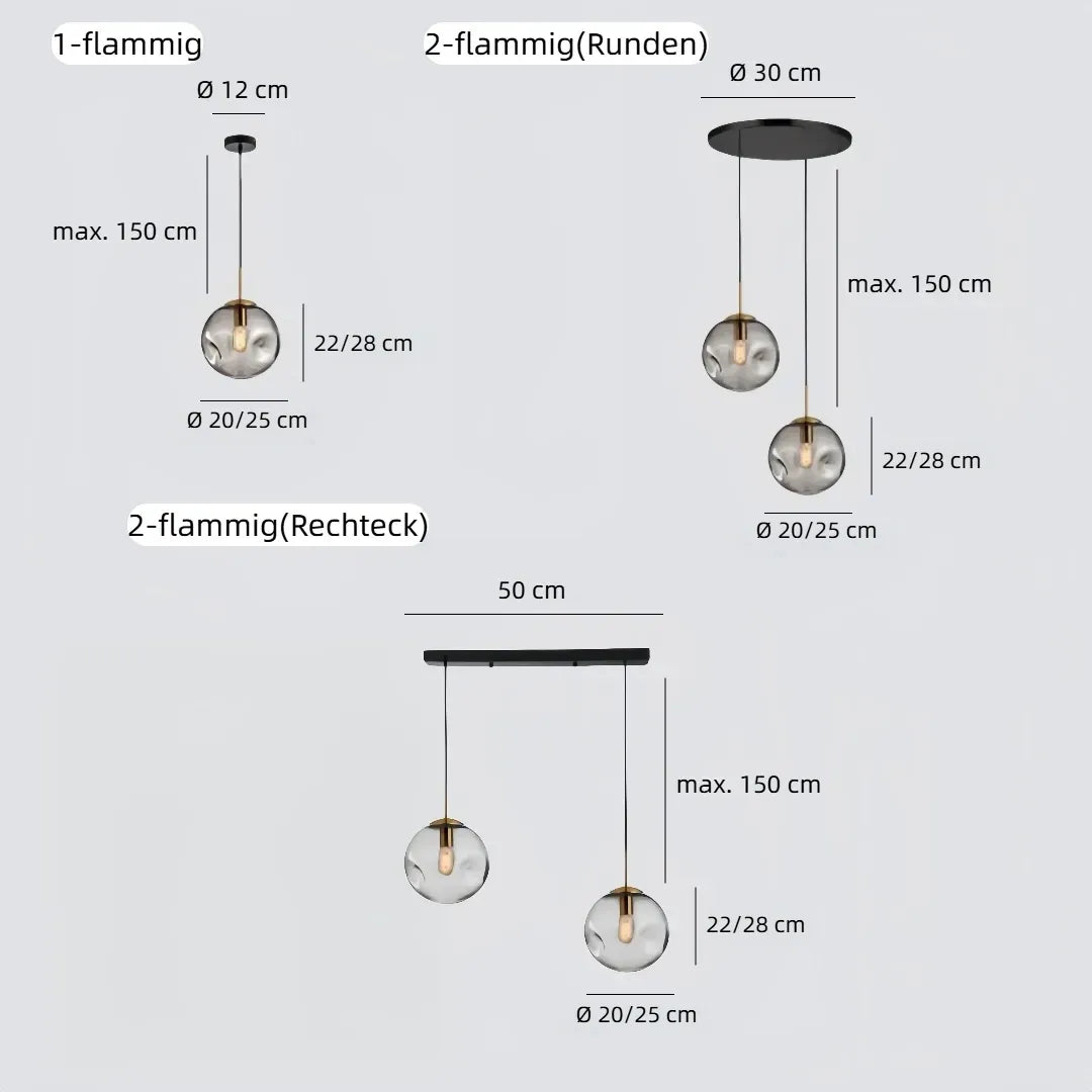 Maße des Glasschirms mit 20 oder 25 cm Durchmesser