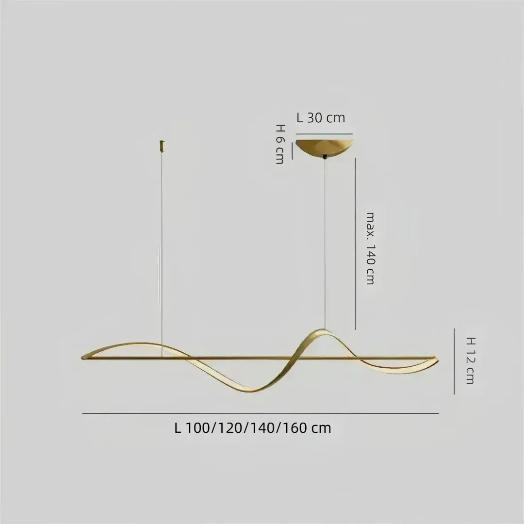 Größentabelle für die LED-Pendelleuchte in 100, 120, 140 und 160 cm