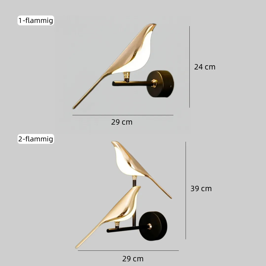 Goldene und silberne Varianten der Vogel-Wandleuchte