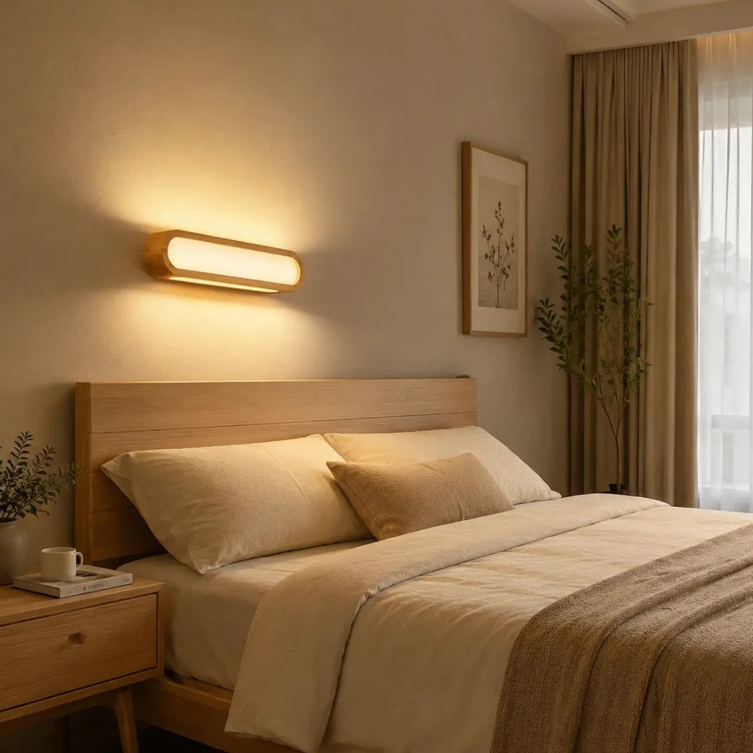Ovale Holz-Wandleuchte mit integrierter LED für das Schlafzimmer