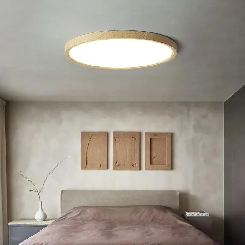 Runde Deckenlampe Holz LED skandinavischer Stil, flach, dimmbar Schlafzimmer