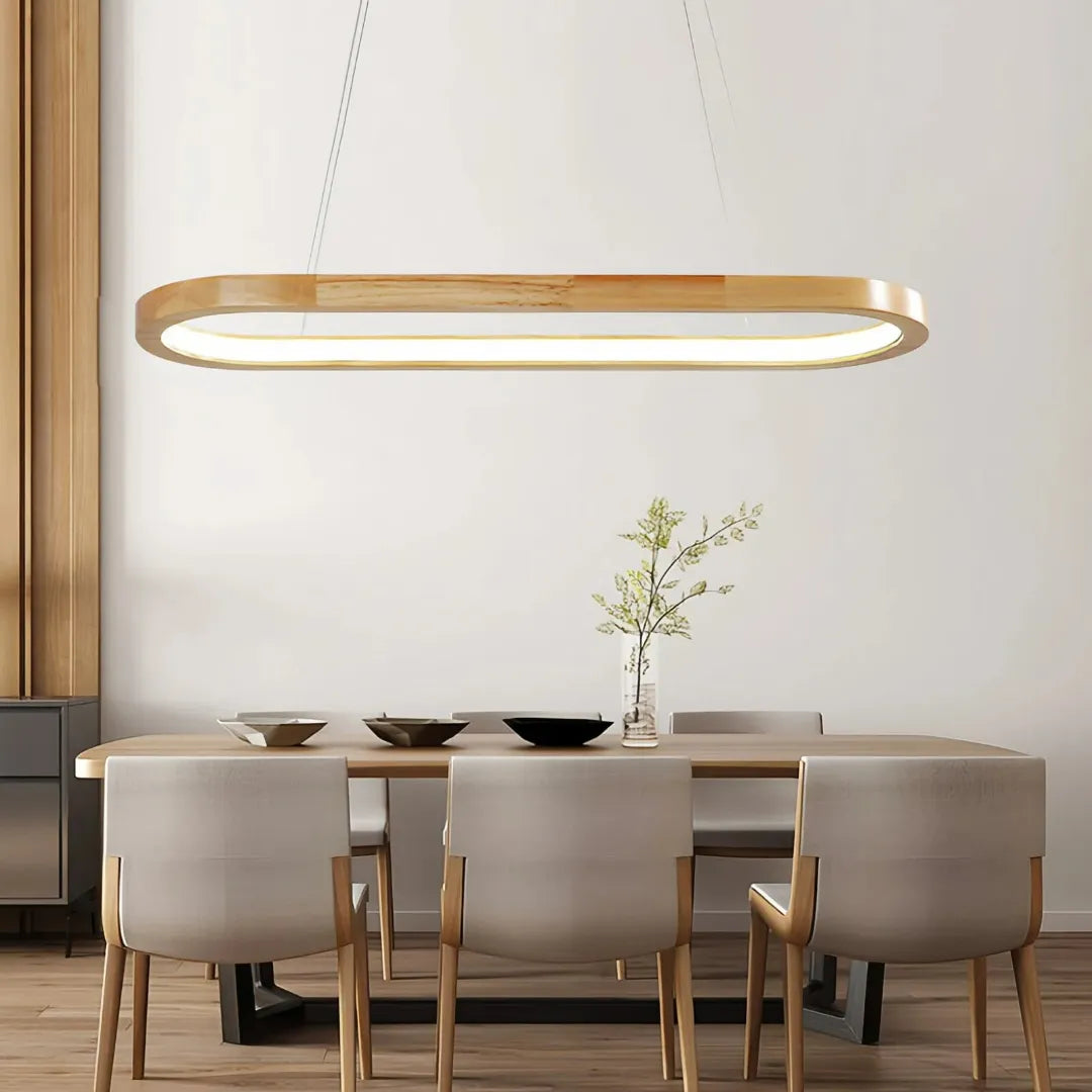 Skandinavische Holz-Pendelleuchte oval für Esszimmer – dimmbar
