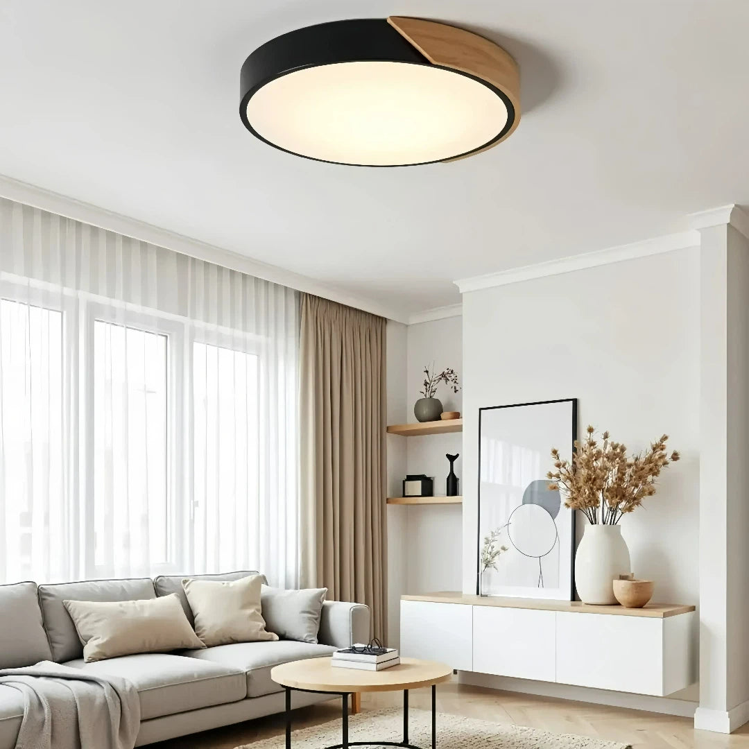 Skandinavische runde LED-Deckenlampe aus Holz und Metall dimmbar, für Schlafzimmer