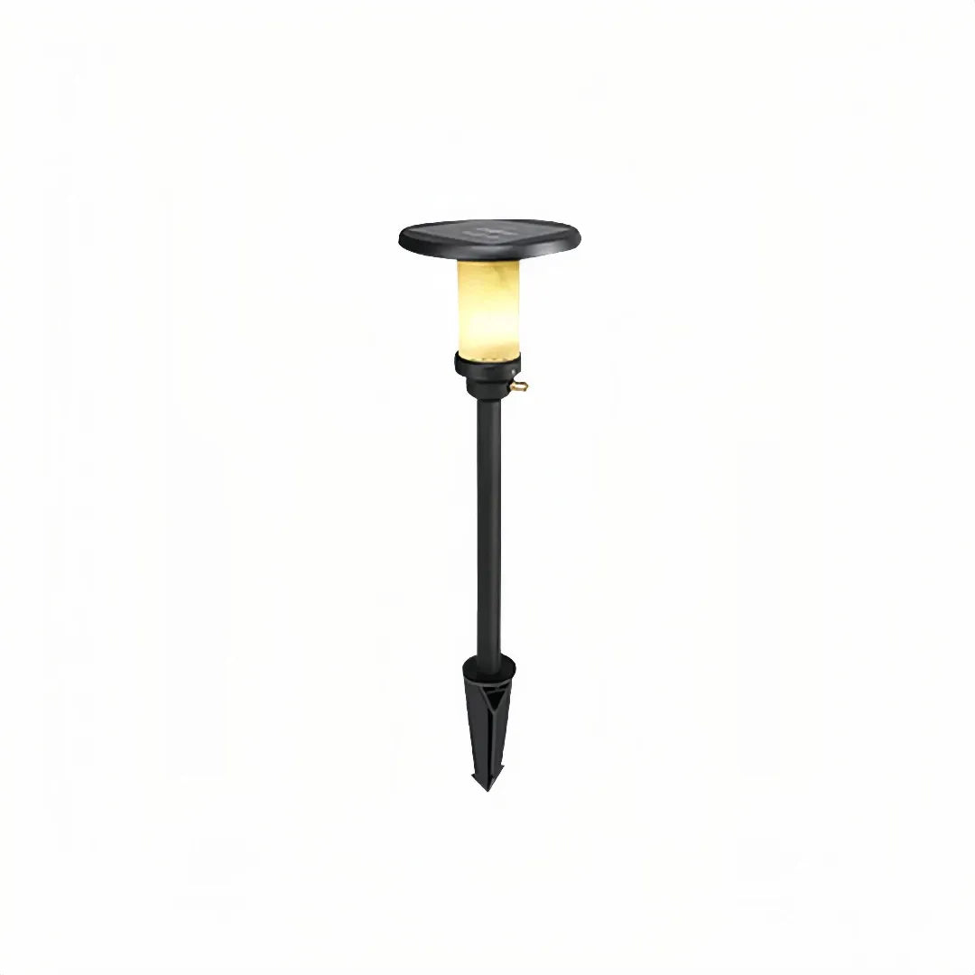 LED-Solar-Gartenleuchte mit Erdspieß auf weißem Hintergrund
