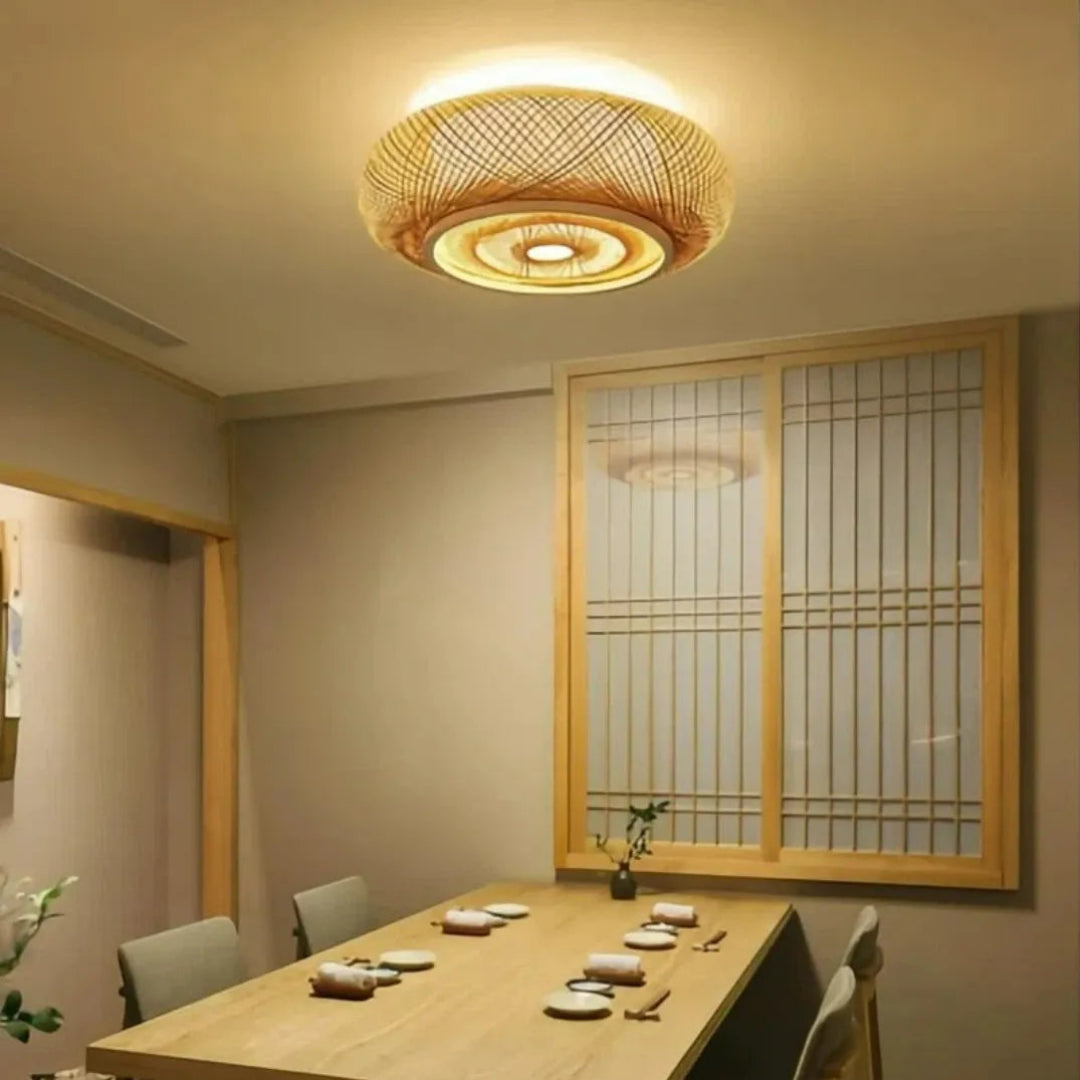 Runde Bambus-Deckenleuchte im Japandi-Stil für das Esszimmer